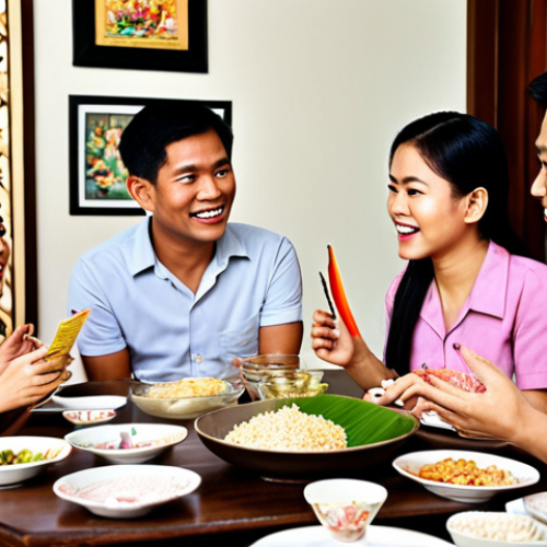 **

A happy Thai family sitting around a table, having a conversation about finances.  The scene should be warm and inviting, depicting open communication and collaboration. Show a budget or financial plan laid out on the table. Include traditional Thai elements in the home decor.

**
