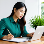 A focused Thai woman in her late 30s, dressed in a modest, professional business casual blouse and trousers. She is seated at a modern, clean wooden desk, thoughtfully reviewing financial charts on a laptop screen, with an open notebook and a pen beside her. A healthy green plant in a pot sits on the desk, and a stack of self-help and finance books is visible nearby, subtly hinting at personal growth and well-being. The background is a bright, airy home office with soft natural light streaming in, creating a calm, professional, and aspirational atmosphere. Professional photography, high resolution, soft focus background, realistic lighting. fully clothed, appropriate attire, modest clothing, safe for work, appropriate content, professional, perfect anatomy, correct proportions, natural pose, well-formed hands, proper finger count, natural body proportions, family-friendly.