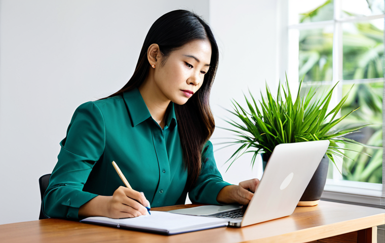 A focused Thai woman in her late 30s, dressed in a modest, professional business casual blouse and trousers. She is seated at a modern, clean wooden desk, thoughtfully reviewing financial charts on a laptop screen, with an open notebook and a pen beside her. A healthy green plant in a pot sits on the desk, and a stack of self-help and finance books is visible nearby, subtly hinting at personal growth and well-being. The background is a bright, airy home office with soft natural light streaming in, creating a calm, professional, and aspirational atmosphere. Professional photography, high resolution, soft focus background, realistic lighting. fully clothed, appropriate attire, modest clothing, safe for work, appropriate content, professional, perfect anatomy, correct proportions, natural pose, well-formed hands, proper finger count, natural body proportions, family-friendly.