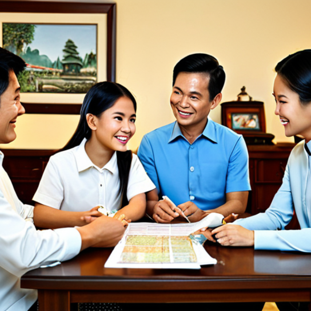 **Prompt:** "A Thai family happily gathered around a table, reviewing their financial plan together, fully clothed, modest clothing, safe for work, appropriate content, family-friendly, natural pose, perfect anatomy, correct proportions, professional illustration, warm lighting, cozy home interior."
