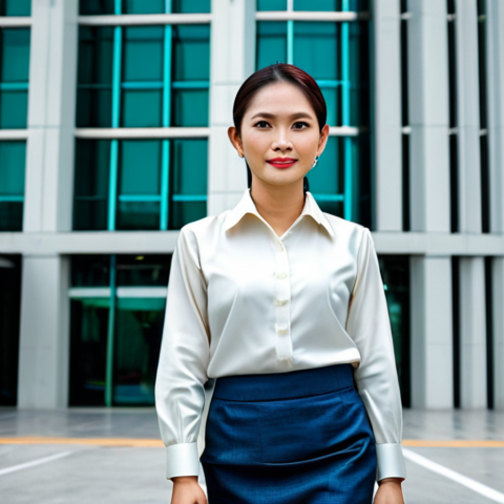 Thai Businesswoman in Bangkok**
"A professional Thai businesswoman in a modest, elegant silk blouse and traditional Thai skirt (pha sin), standing confidently in front of a modern office building in Bangkok, fully clothed, appropriate attire, safe for work, perfect anatomy, natural proportions, professional portrait photography, high quality, family-friendly."
**
