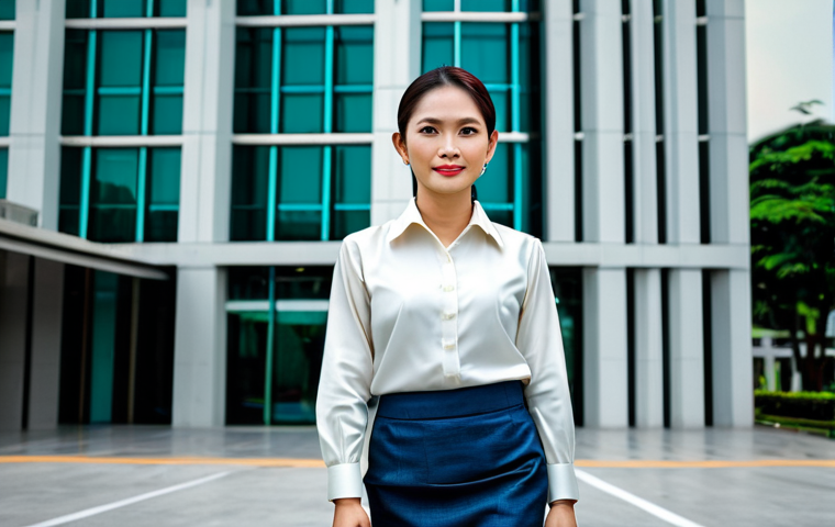 Thai Businesswoman in Bangkok**

"A professional Thai businesswoman in a modest, elegant silk blouse and traditional Thai skirt (pha sin), standing confidently in front of a modern office building in Bangkok, fully clothed, appropriate attire, safe for work, perfect anatomy, natural proportions, professional portrait photography, high quality, family-friendly."

**