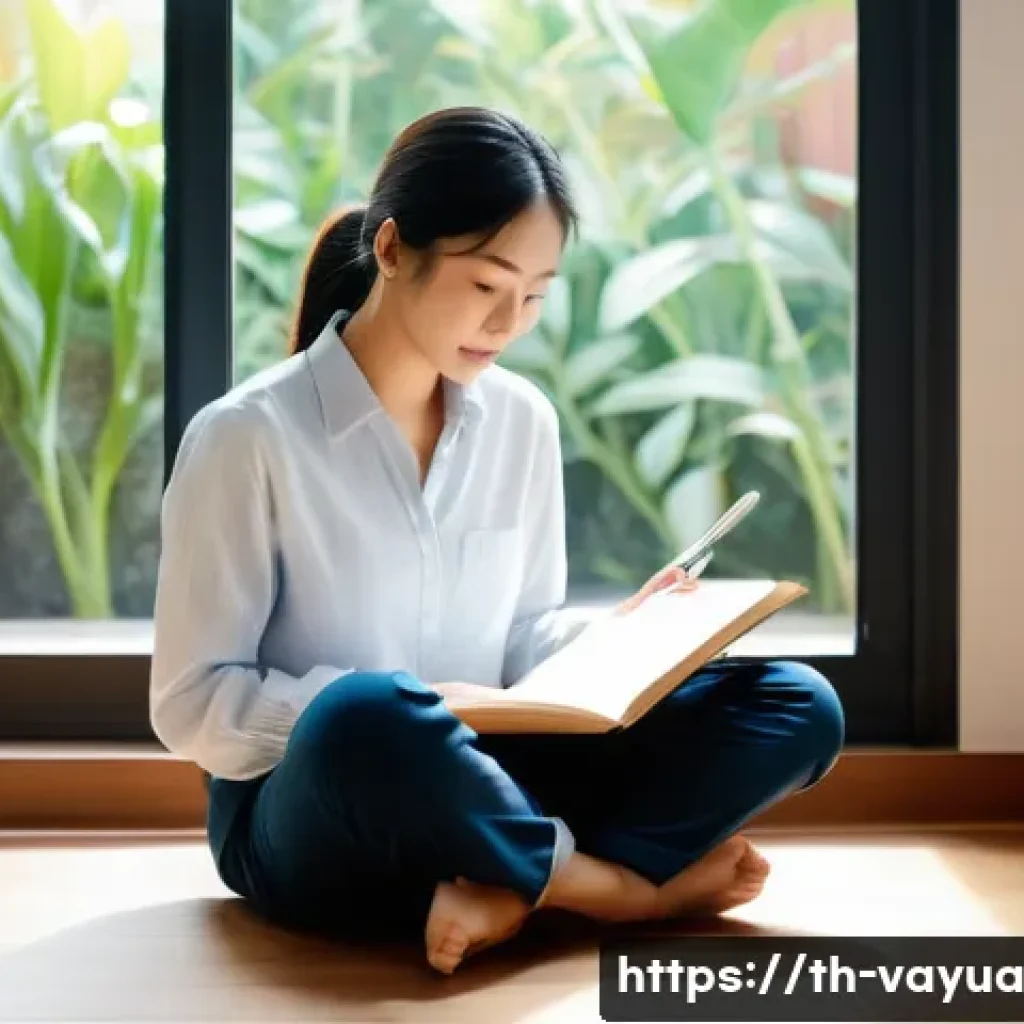 가치 기반 재정계획의 글로벌 사례 - **Prompt:** A serene and contemplative Thai woman in her late 20s to early 30s sits cross-legged on ...