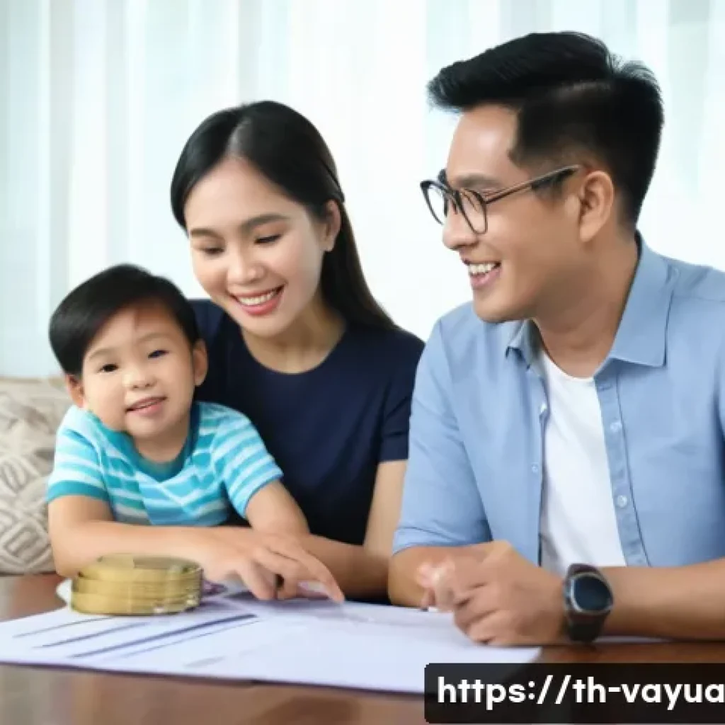가치 기반 재정계획의 평가 및 수정 방법 - A modern Thai family sitting together in their cozy living room, discussing financial goals with a f...
