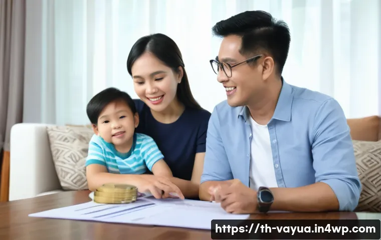 가치 기반 재정계획의 평가 및 수정 방법 - A modern Thai family sitting together in their cozy living room, discussing financial goals with a f...