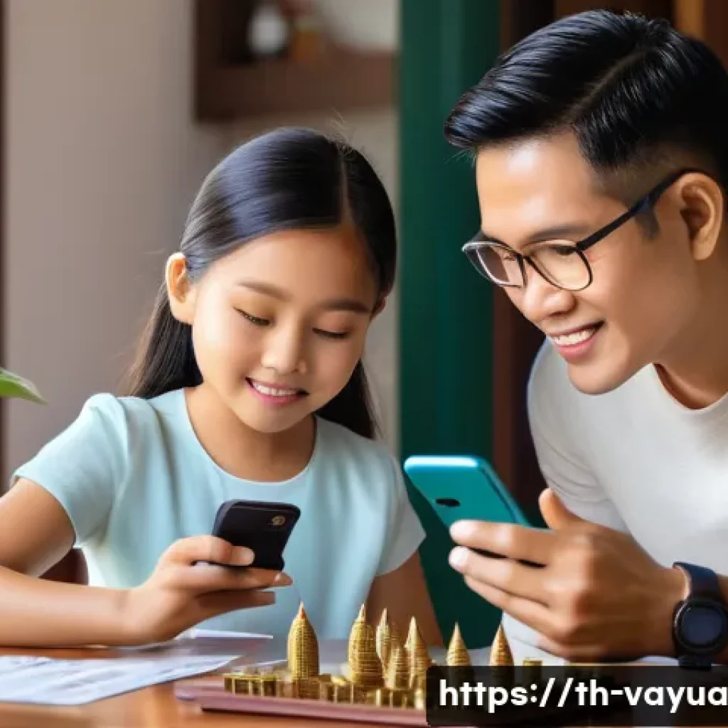 가치 기반 재정계획의 실행을 위한 자원 관리 - A modern Thai family sitting together at a wooden dining table in a cozy, sunlit living room, attent...