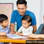 가치 기반 재정계획의 성공적인 실행을 위한 방법론 - A thoughtful Thai family gathered around a table at home, discussing their personal values and finan...