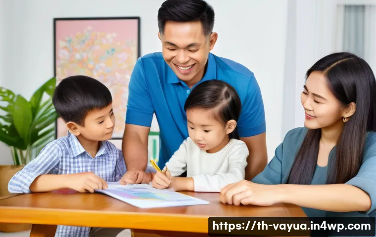 가치 기반 재정계획의 성공적인 실행을 위한 방법론 - A thoughtful Thai family gathered around a table at home, discussing their personal values and finan...