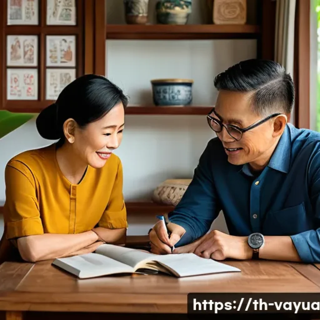 가치 기반 재정계획의 실천을 위한 지침서 - A cozy Thai family living room scene illustrating financial planning aligned with personal values: a...