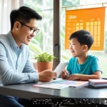 가치 기반 재정계획과 재무 건강 - A detailed illustration of a young Thai family at home, focused on financial planning together. The ...
