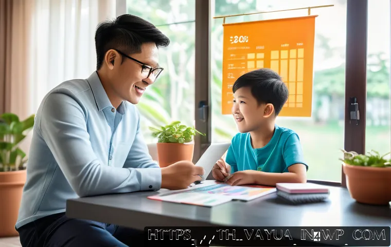 가치 기반 재정계획과 재무 건강 - A detailed illustration of a young Thai family at home, focused on financial planning together. The ...