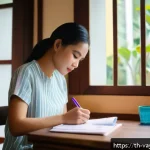 가치 중심의 재정 관리 기법 - A detailed scene of a young Thai adult woman sitting at a wooden desk in a cozy room, attentively wr...