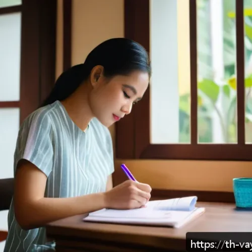 가치 중심의 재정 관리 기법 - A detailed scene of a young Thai adult woman sitting at a wooden desk in a cozy room, attentively wr...