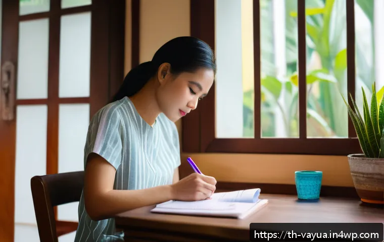 가치 중심의 재정 관리 기법 - A detailed scene of a young Thai adult woman sitting at a wooden desk in a cozy room, attentively wr...