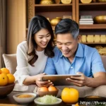 가치 기반 재정계획의 목표 달성을 위한 솔루션 - A warm, inviting family scene set in a modern Thai living room, showing a middle-aged Thai couple ha...