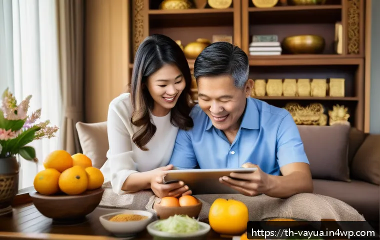 가치 기반 재정계획의 목표 달성을 위한 솔루션 - A warm, inviting family scene set in a modern Thai living room, showing a middle-aged Thai couple ha...