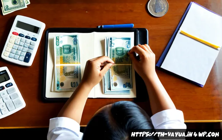 재정 계획을 위한 가치적인 자원 관리 - Photorealistic overhead view of a Thai family financial planning session at a clean wooden dining ta...